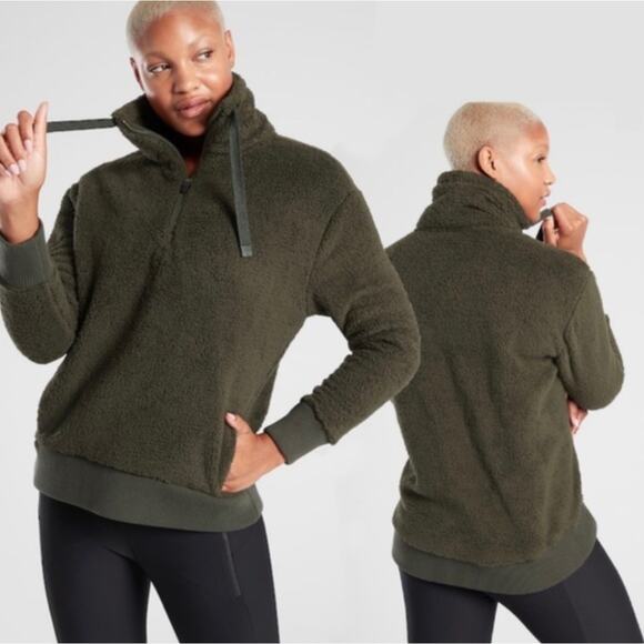 Athleta Talus Olive Green Sherpa 1/2 Zip Pullover Jacket Womens Large - Picture 1 of 16